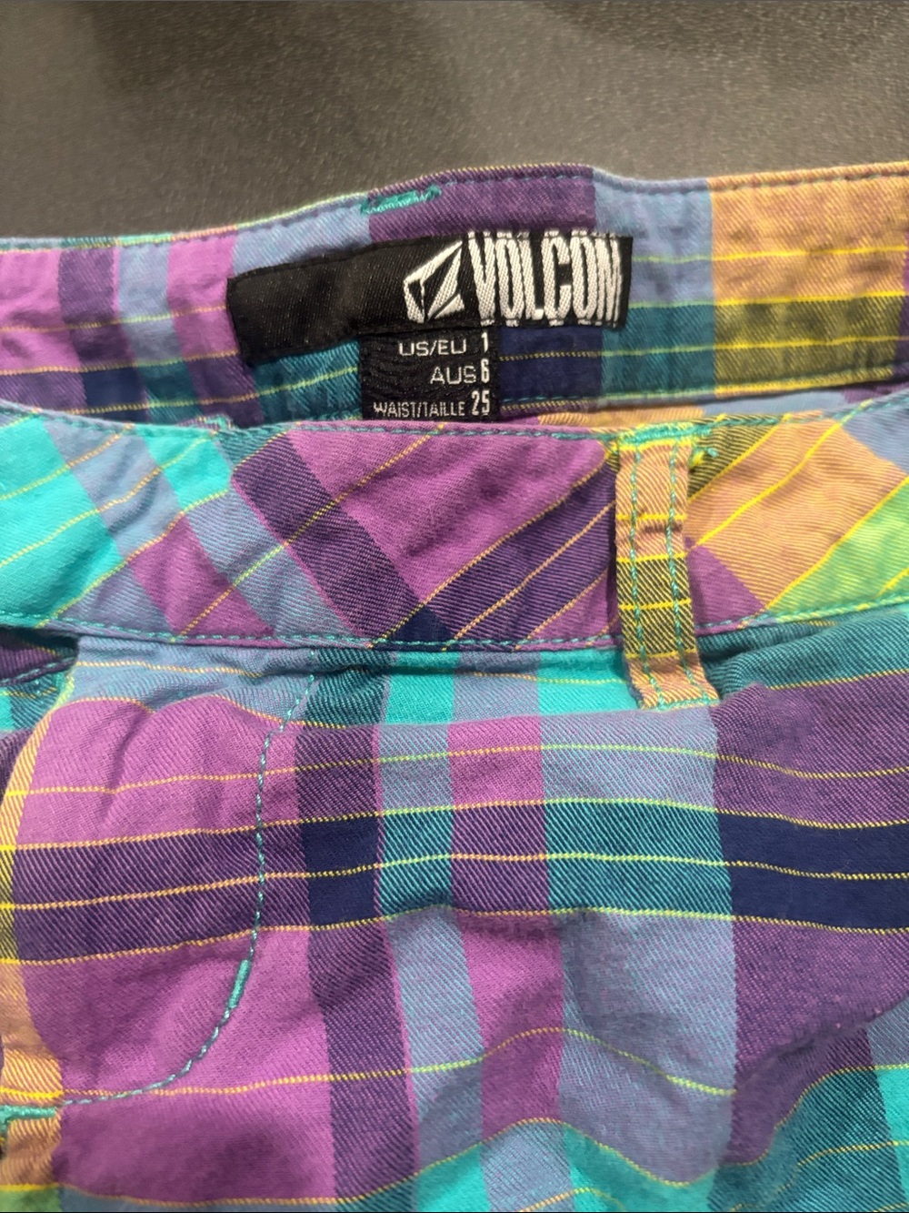 Volcom women’s Plaid Shorts in Purple, Teal & Yellow